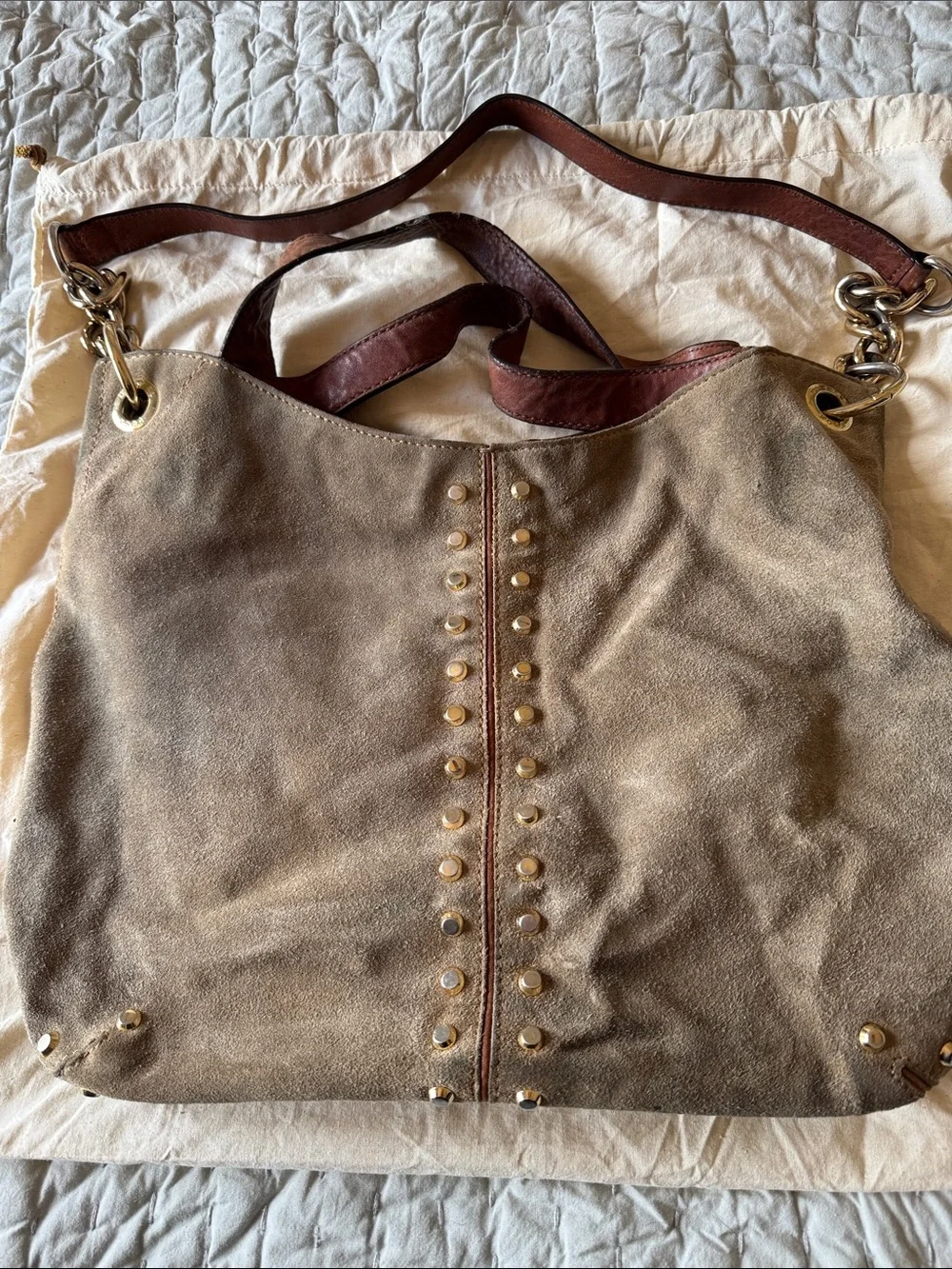 Michael Kors Suede Stud-Accent Shoulder Bag in Taupe and Brown